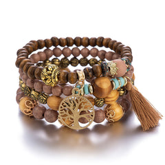 Boho Tree & Tassel Charm Beaded Bracelet Set