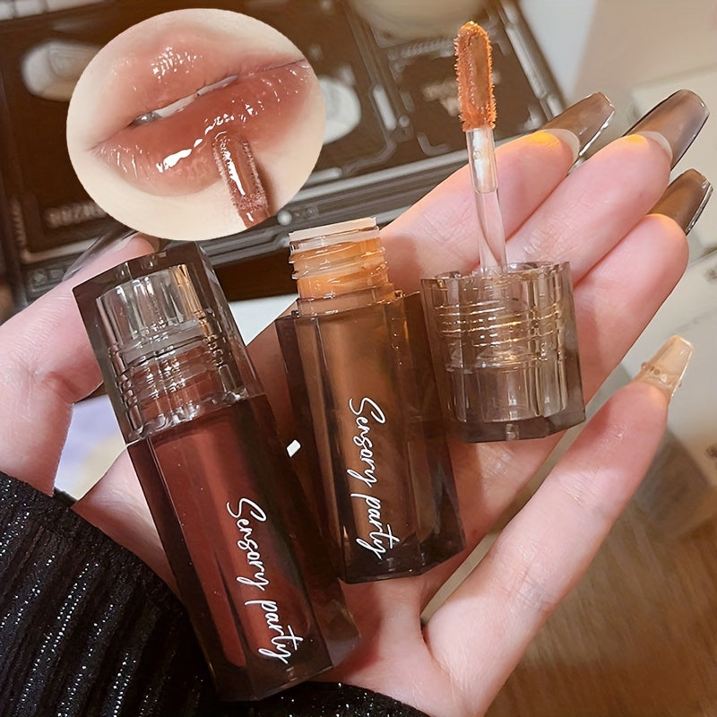 Hexagonal Lip Glaze Plumping Lip Gloss in Brown & Red Stains