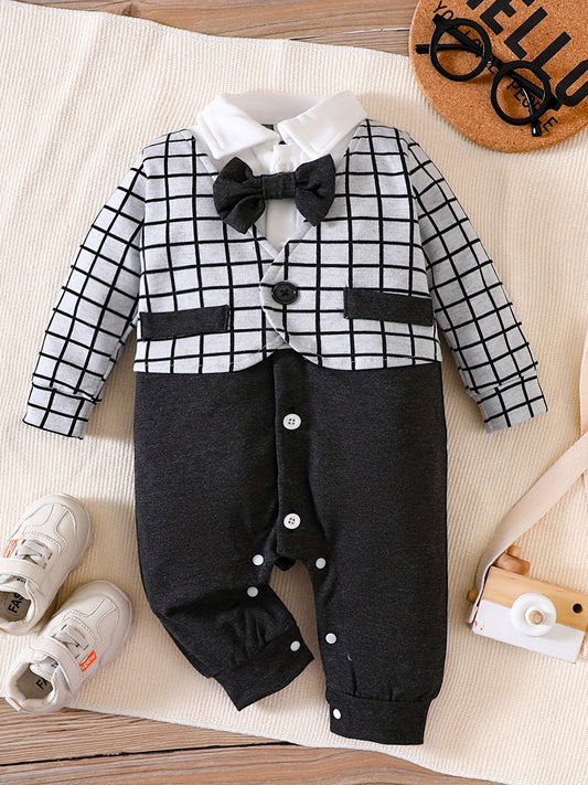 Infant Gentleman Style Romper Baby Boys Contrast Bow Tie Plaid Jumpsuit