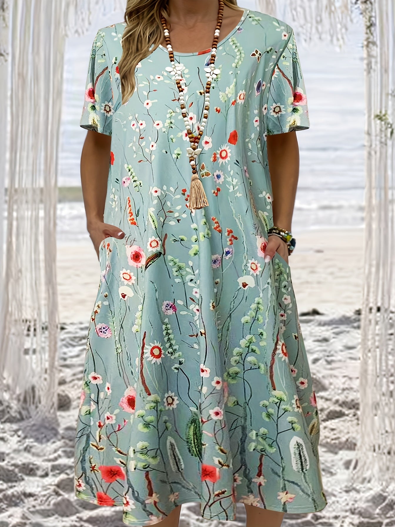 Floral Print Short Sleeve Plus Dress with Pockets