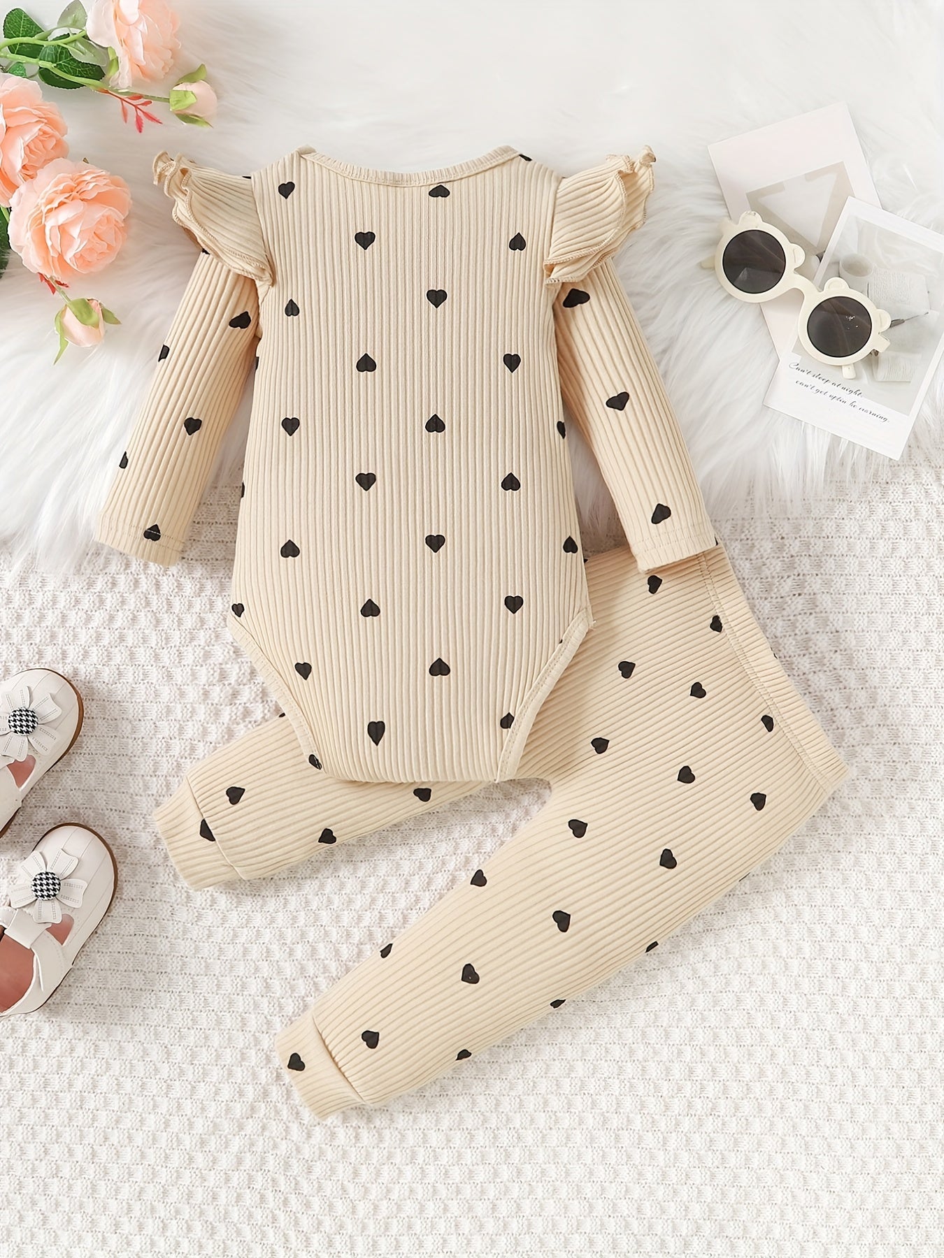 Newborn Infant Heart Print Ruffles Romper Long Sleeve Onesies & Pants Set