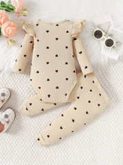 Newborn Infant Heart Print Ruffles Romper Long Sleeve Onesies & Pants Set