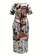 Women's Plus Graphic Print Short Sleeve Maxi Dress With Pockets