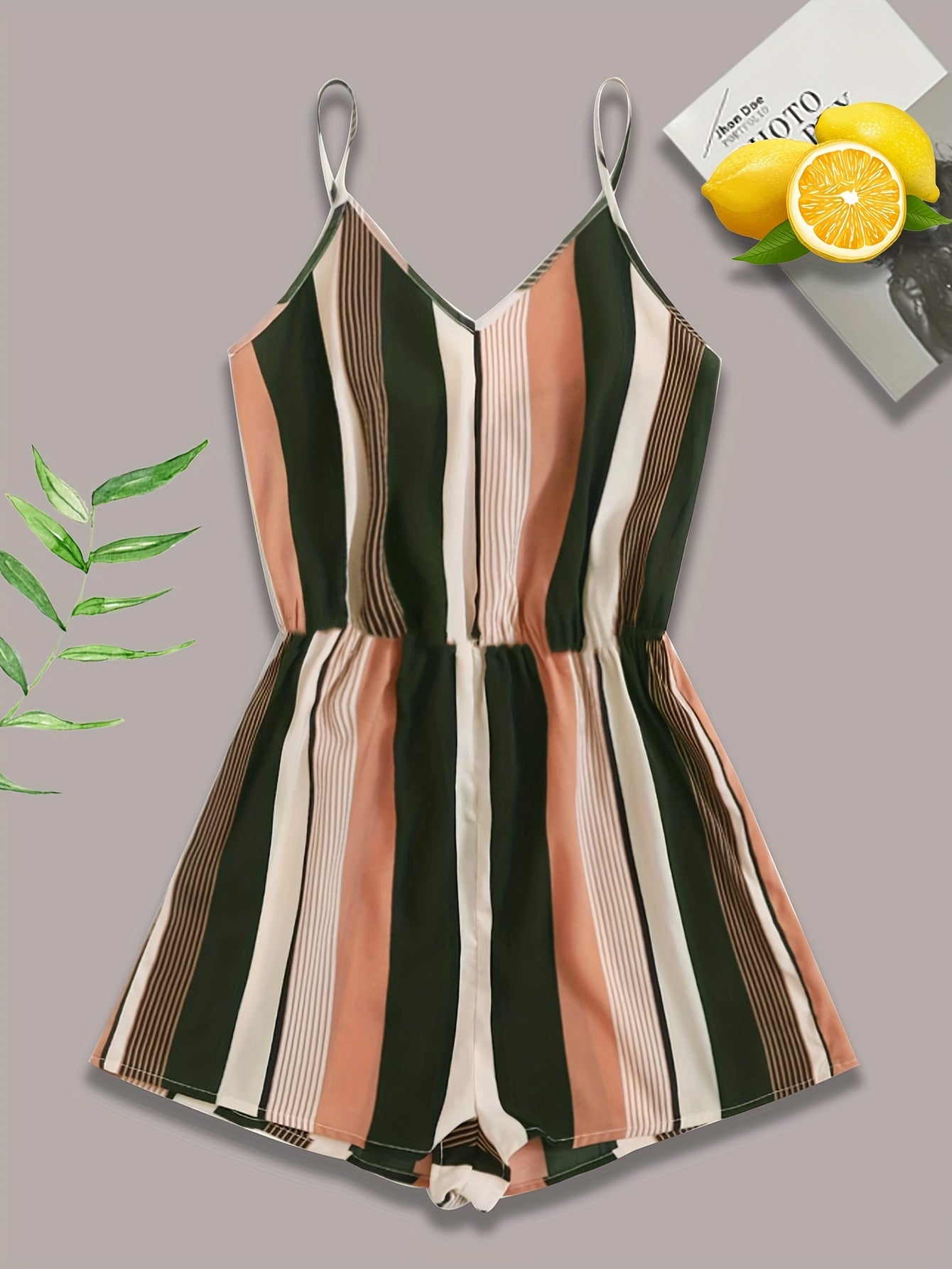 Striped Print V neck Cami Romper Jumpsuit Casual Sleeveless