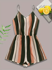 Striped Print V neck Cami Romper Jumpsuit Casual Sleeveless