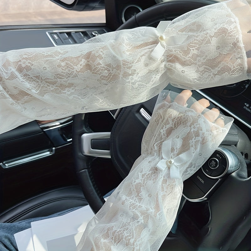 Bowknot Lace Gloves Women Sun Protection Fingerless Mittens