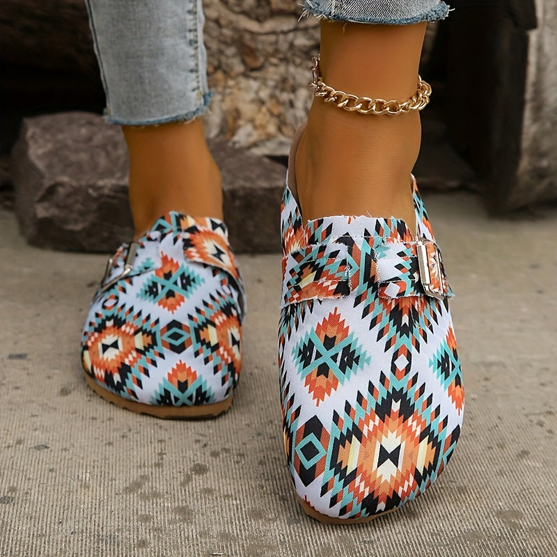 Women's Colorblock Flat Shoes Slip On Round Toe Buckle Decor Half Drag