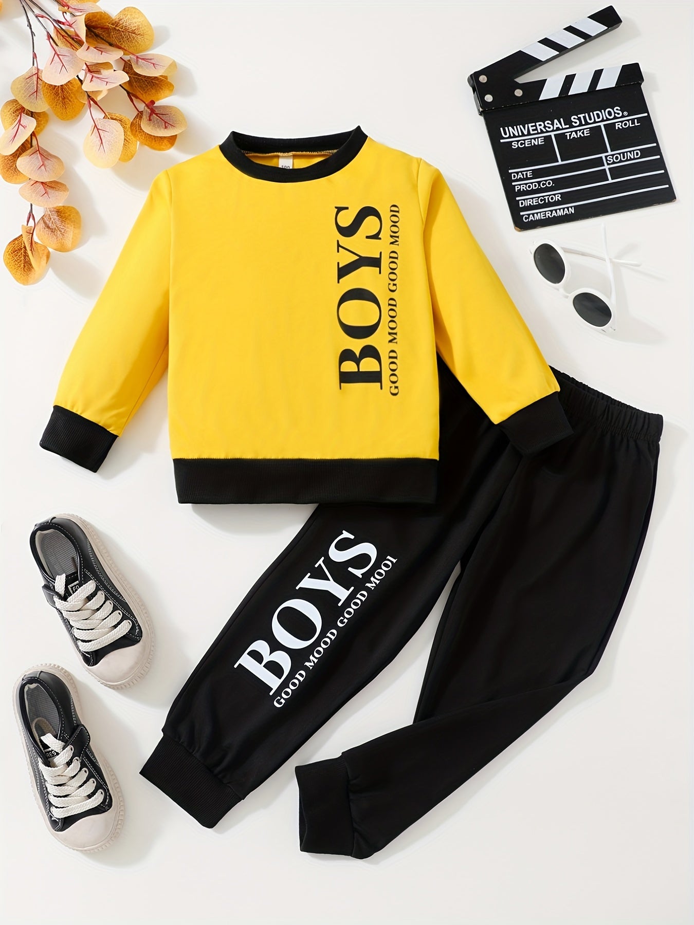 2pcs Boys GOOD MOOD Long Sleeve Sweatshirt & Sweatpants Set