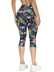 High Waist Yoga Capris w/ Pockets Tummy Control Floral Print Non See Through