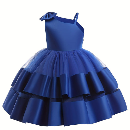 Girls Satin Stitch Tulle Princess Dress with Bow - Special Occasions