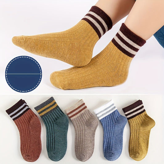 5 Pairs Striped Knitted Crew Socks for Girls
