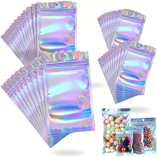 50pcs Resealable Smell Proof Bags Holographic Foil Pouch Flat Zip Lock Bag