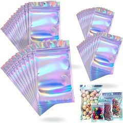 50pcs Resealable Smell Proof Bags Holographic Foil Pouch Flat Zip Lock Bag