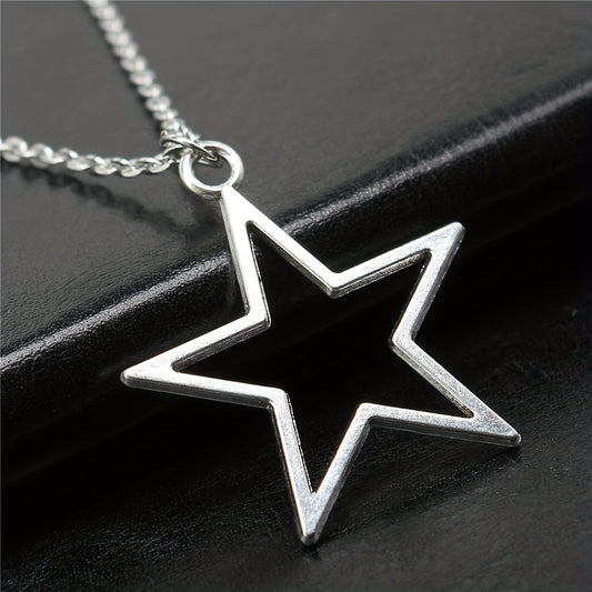 Silver Big Star Pendant Necklace 36x33mm Hollow Pentagram Geometric Chain