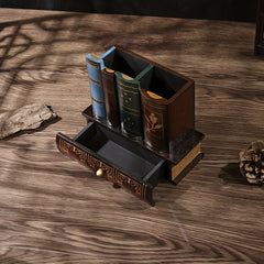 Vintage Book Shape Wooden Storage Box with Pen Holder