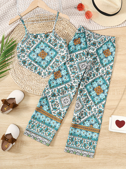 Girls Ethnic Pattern Asymmetric Cami Top & Pants Set for Vacation Outfit