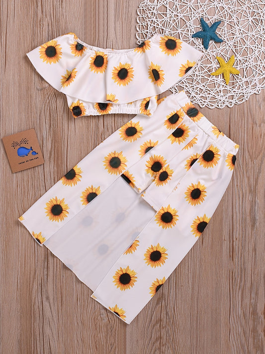 2pcs Toddler Girls Sunflower Suit Ruffle Crop Top & Irregular Skirt Set