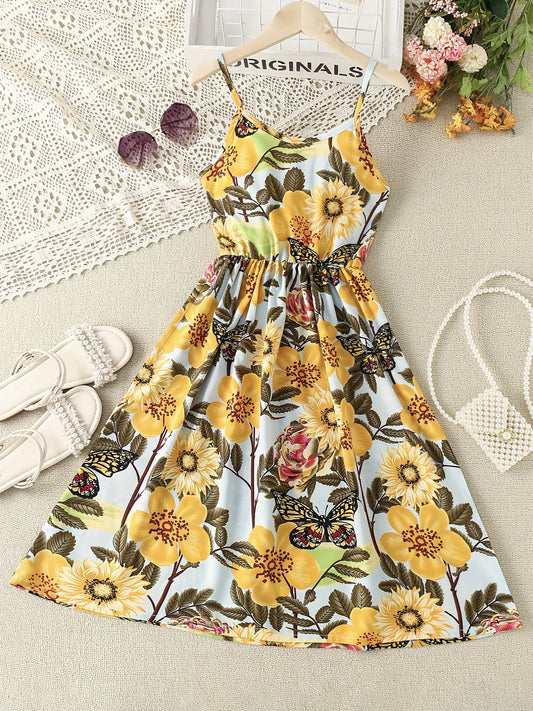 Girls Tropical Leaves Print Summer Dress Elastic Waist A-line Swing Sundress