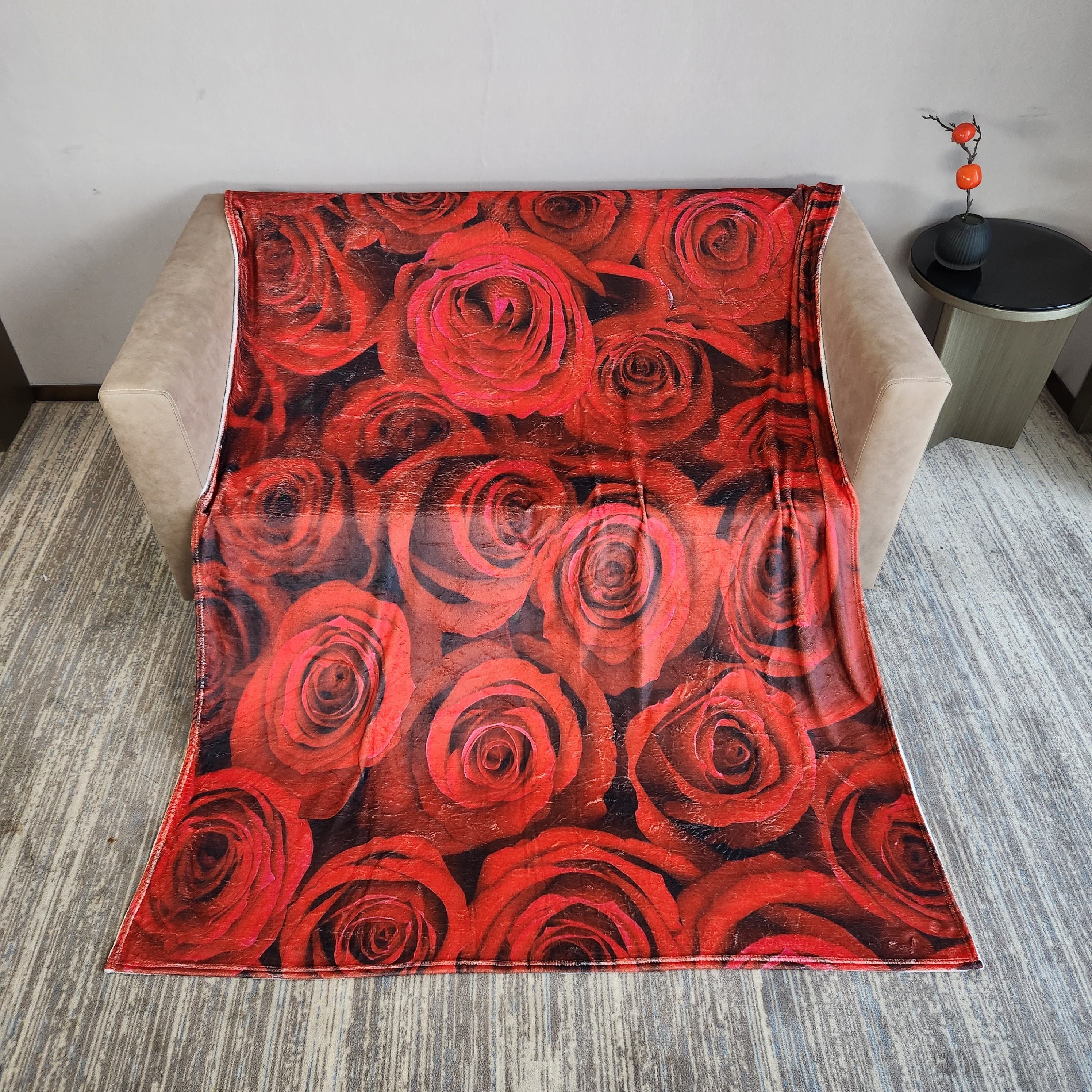Rose Print Blanket Flannel Warm for Travel Camping Office