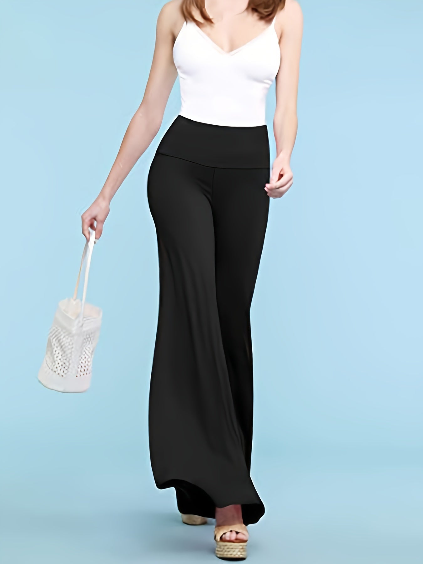  Solid Wide Band Waist High Rise Wide Leg Pants