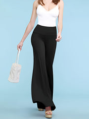  Solid Wide Band Waist High Rise Wide Leg Pants