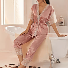 Lace Satin Pajama Set Short Sleeve Robe Women's Sleepwear