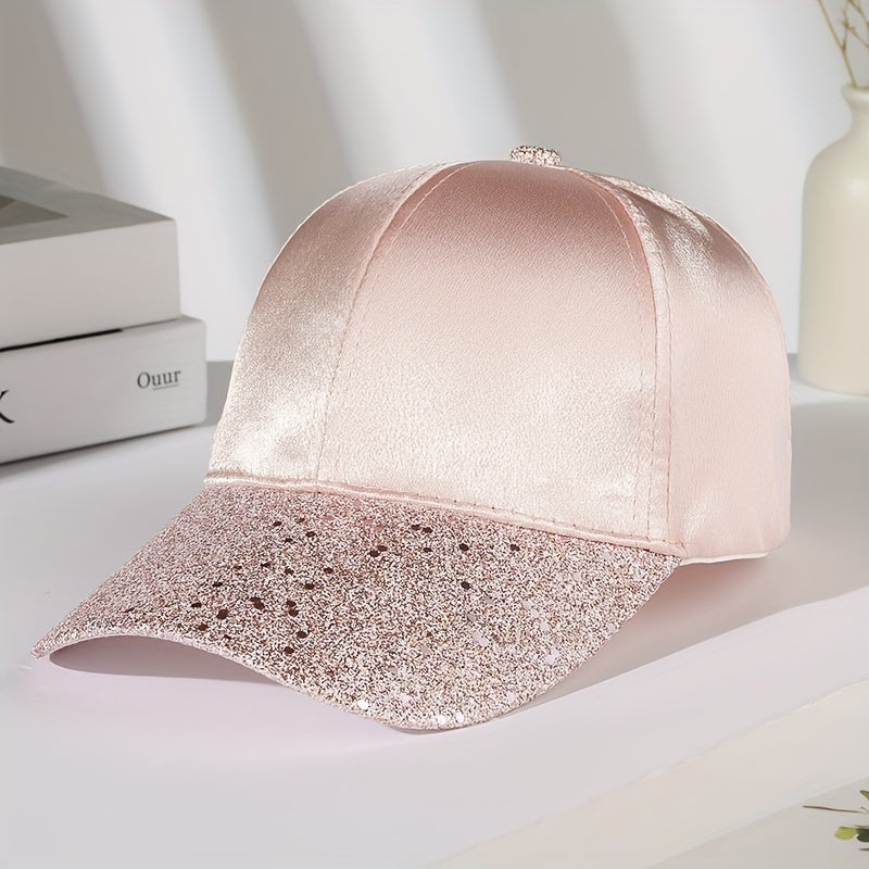 Pink Glitter Satin Baseball Cap Bright Breathable Sun Hat For Women