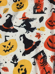  Allover Pumpkin & Witch Print Stretch Trousers With Pockets