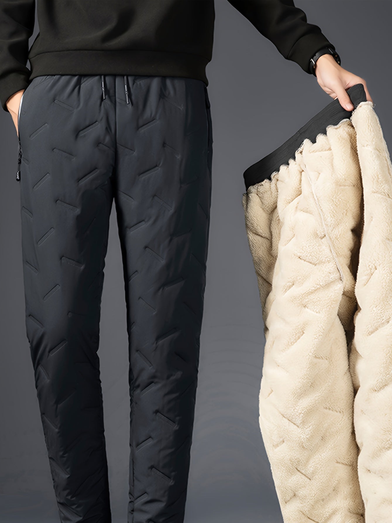 Men's Warm Cotton Padded Trousers with Zipper Pocket for Fall Winter