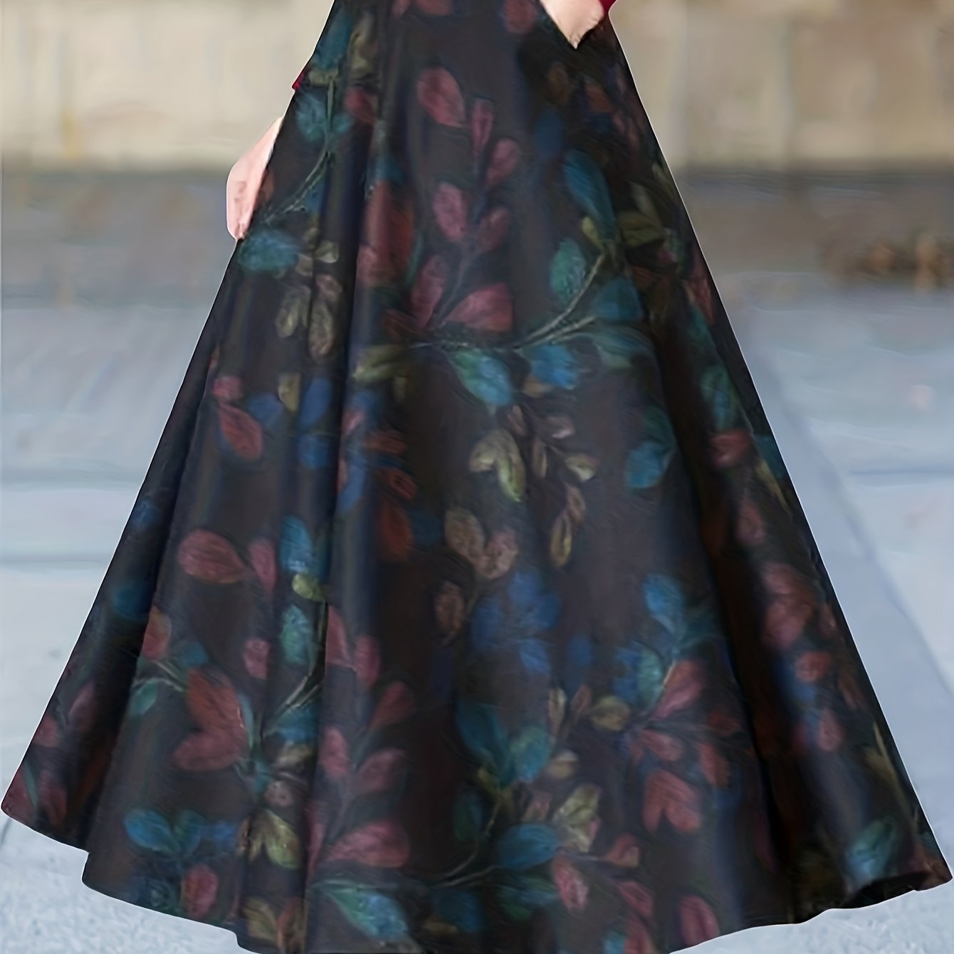 Leaf Print Maxi A line Skirt With Pockets