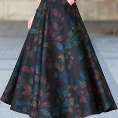 Leaf Print Maxi A line Skirt With Pockets
