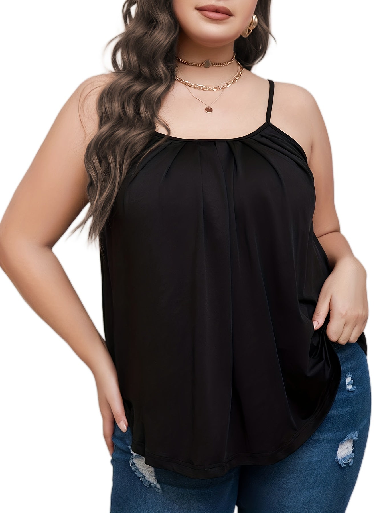  Casual Cami Top Women's Plus Plain Ruched Round Neck Medium Stretch