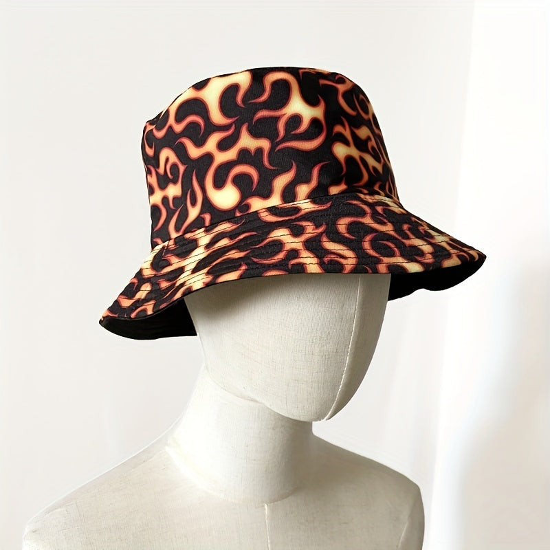 Yellow Flame Print Bucket Hat Reversible Unisex Hip Hop Basin Hat