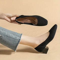 Women's Knitted Block Low Heels Square Toe Slip On Shoes