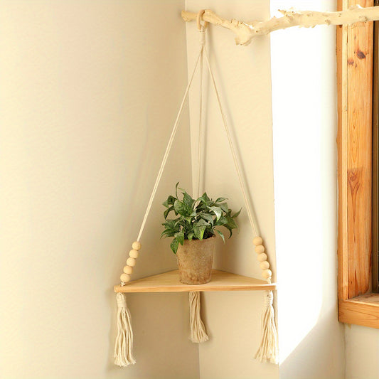 Triangular Wooden Shelf Wall Hanging with Bohemian Beads and Cotton Rope