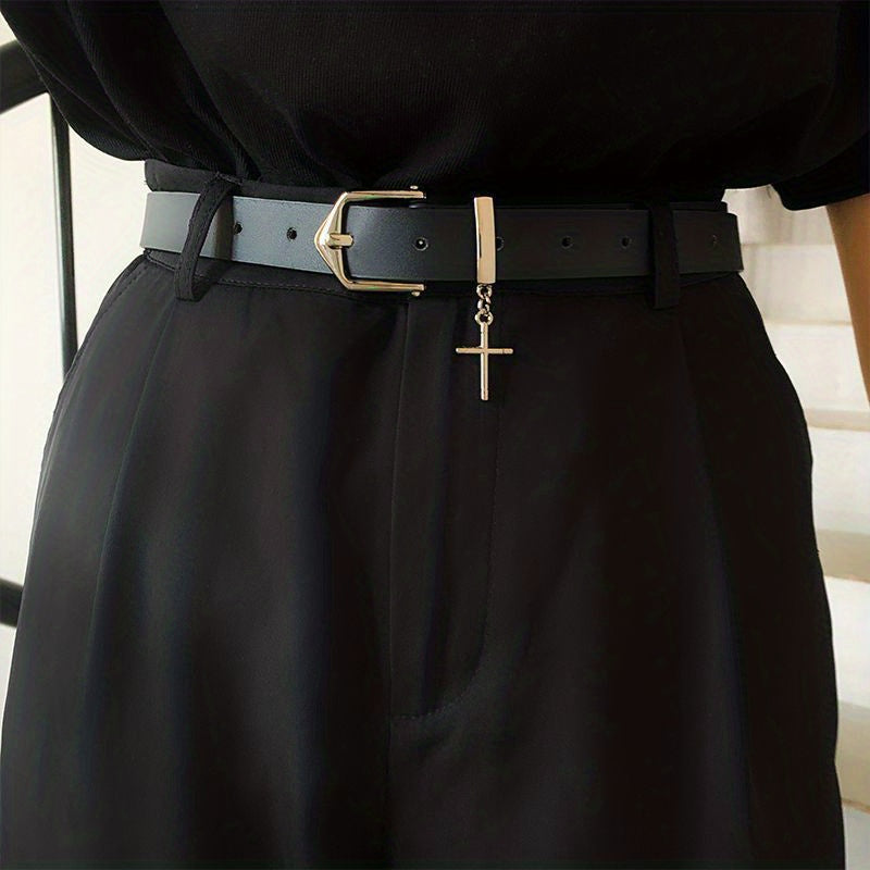 Men's Leather Belt with Cross Decoration for Jeans