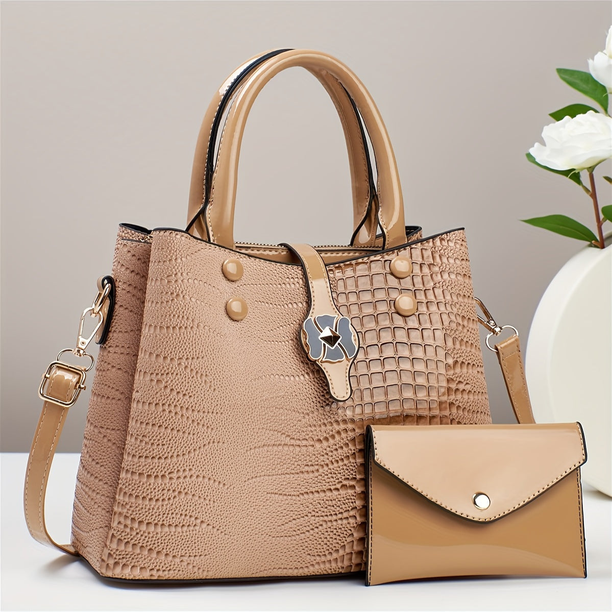 Crocodile Pattern Handbag Set: Tote Bag & Clutch Purse