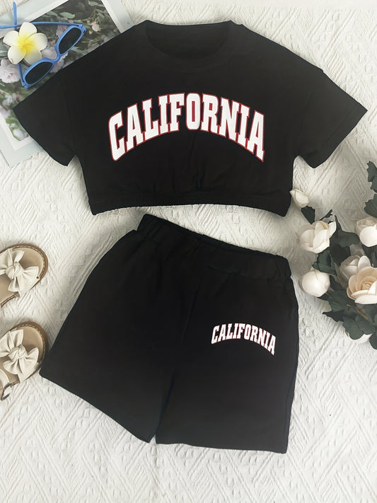 California Letter Print Two piece Set Short Sleeve Crop Top & Shorts Casual
