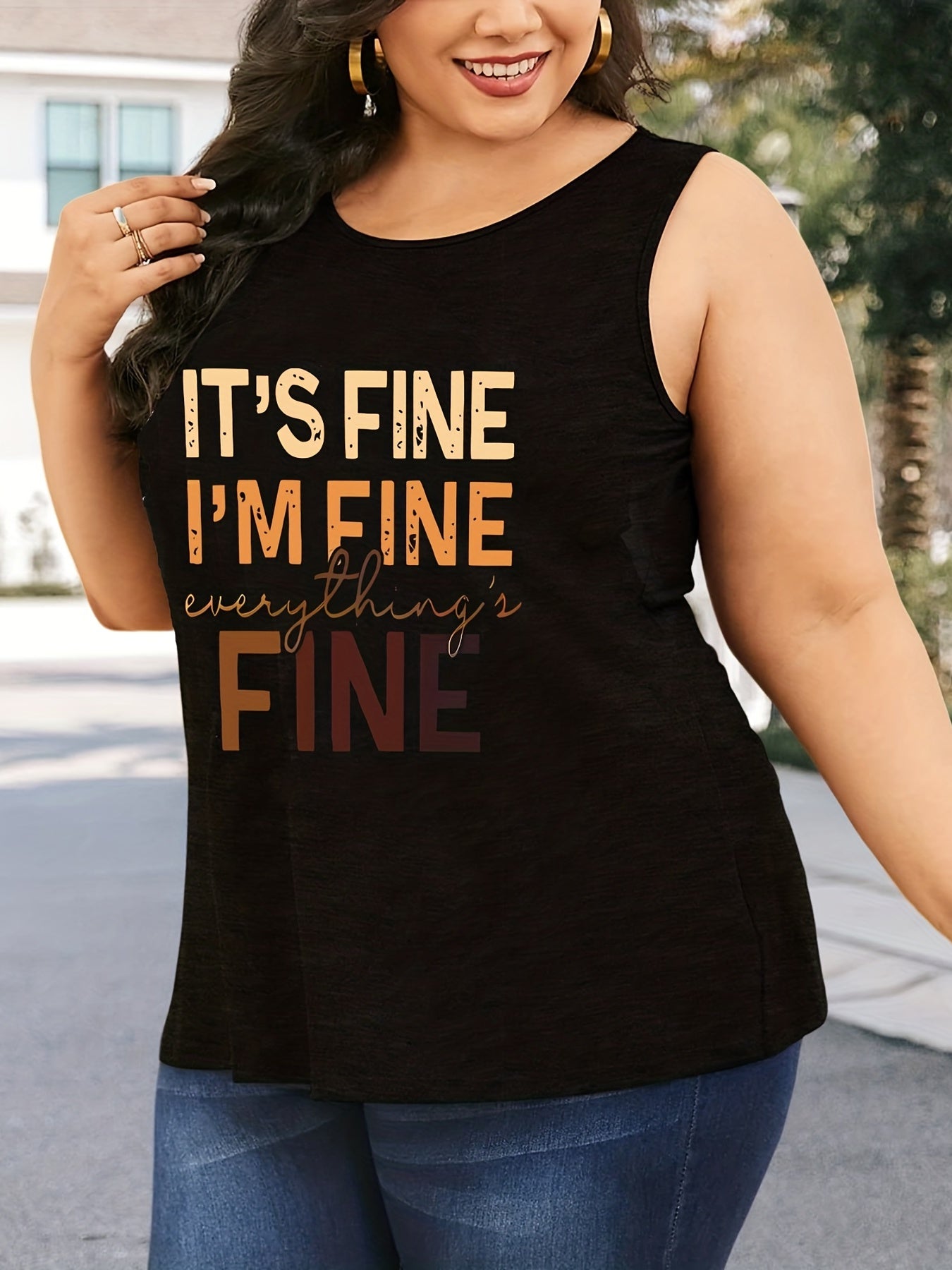  Casual Tank Top Women's Plus Slogan Graphic Print Round Neck Tank Top