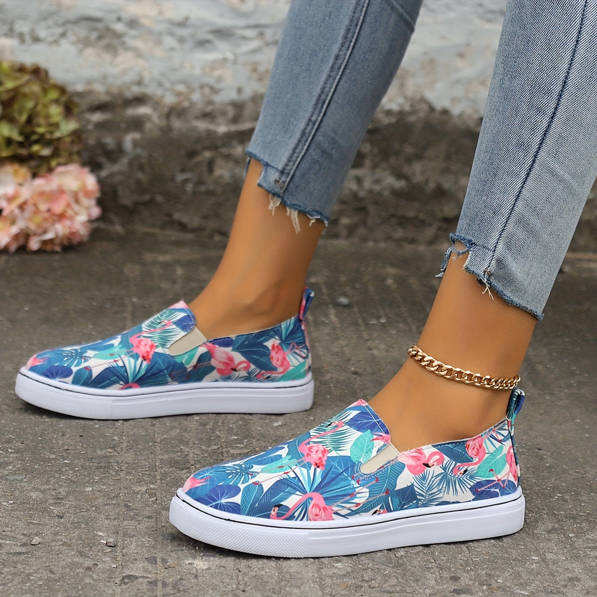 Tropical Flamingo Leaves Print Flat Wear Resistance Skate Shoes