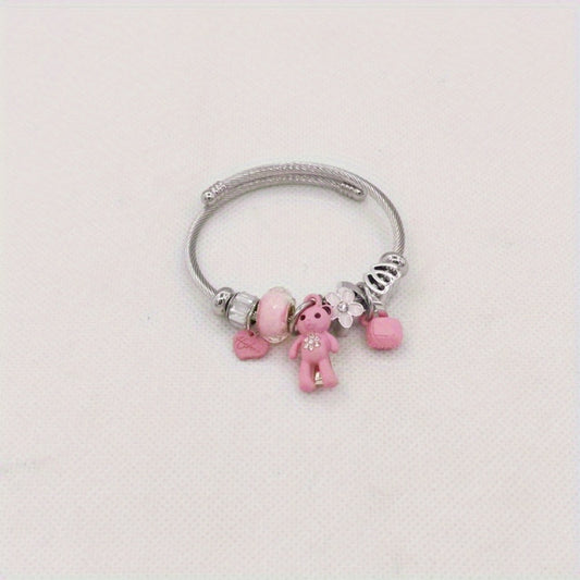 Heart Flower Bear Pendant Bracelet Stainless Steel DIY Jewelry
