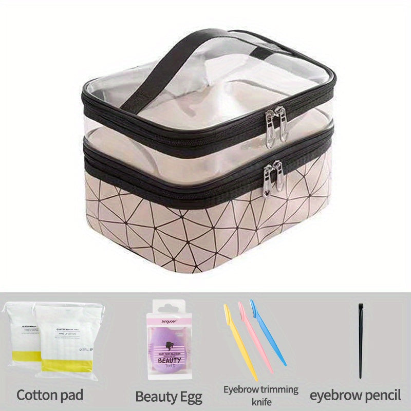 Double Layer Clear Geometric Stripes Handheld Cosmetic Bag
