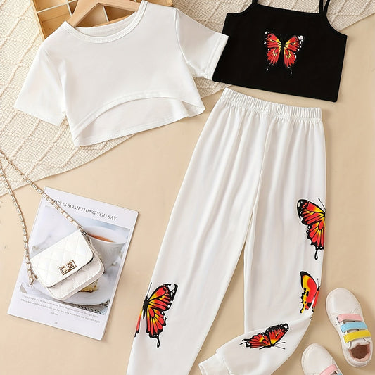 Girls 3pcs Casual Suit T Shirt & Camisole & Pants Set Kids Sports Leisure