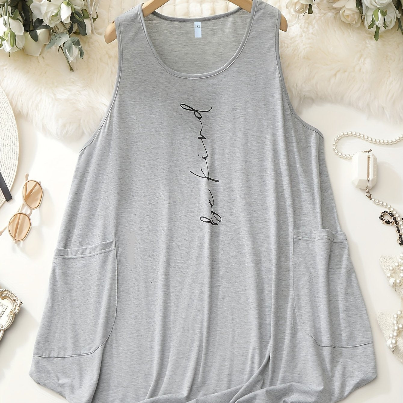  Slogan Print Tank Dress With Pockets