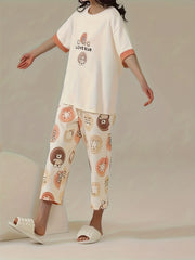 Bear Print Pajama Set Short Sleeve Top & Capris Pants