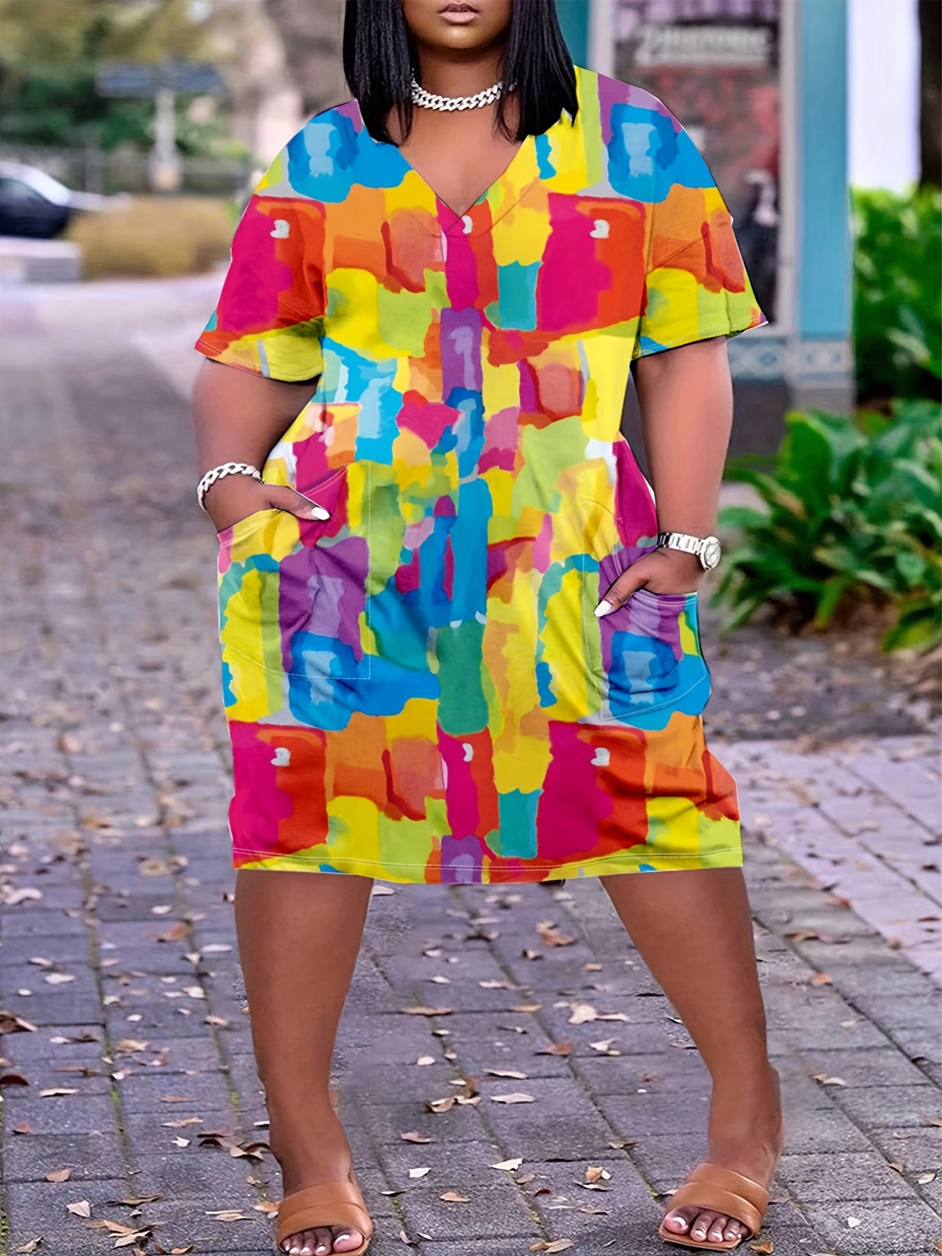 Colorblock Geometric Print Short Sleeve Dress with Pockets