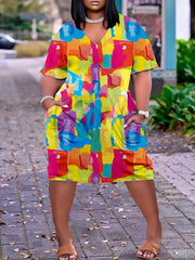  Colorblock Geometric Print Short Sleeve Dress with Pockets
