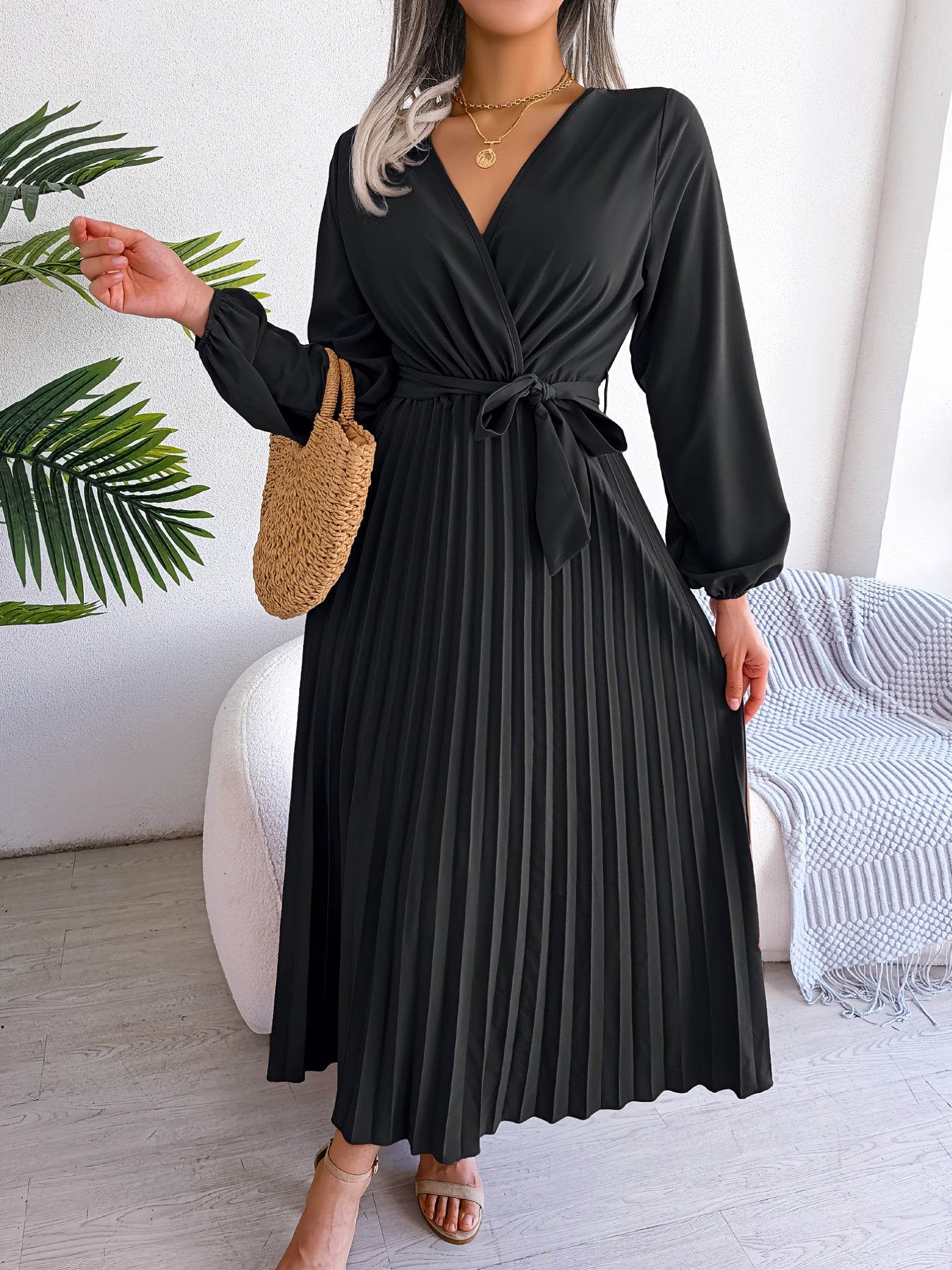 Maxi Bridesmaid Dress V Neck Lantern Sleeve Solid Dress