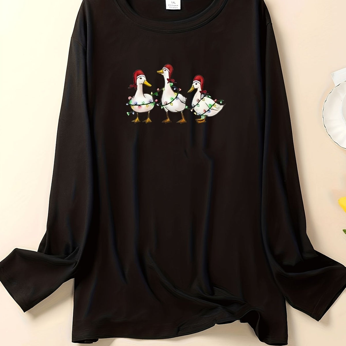 Women's Plus Christmas Lounge Top: Goose & String Lights Print