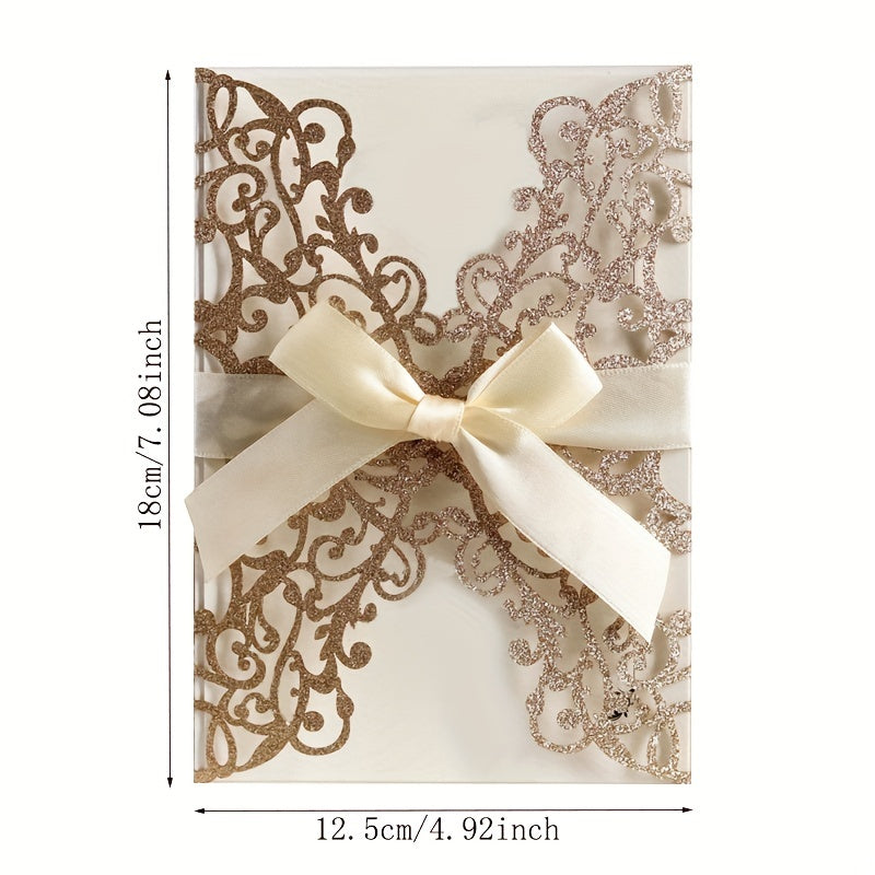 10pcs Glitter Paper Laser Cut Wedding Invitation Card Customize Card With Ribbon